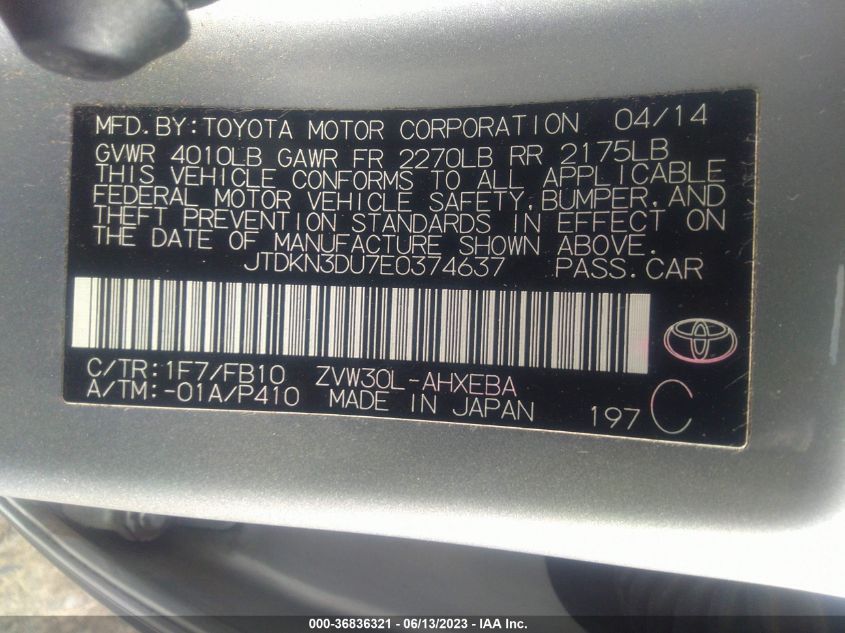 2014 TOYOTA PRIUS FOUR/FIVE/THREE/ONE/TWO - JTDKN3DU7E0374637