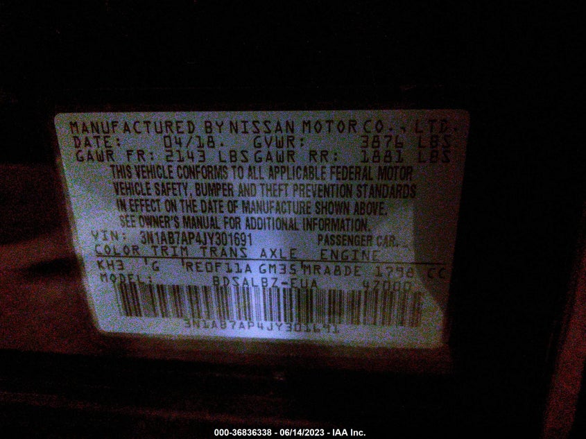 VIN 3N1AB7AP4JY301691 2018 NISSAN SENTRA S