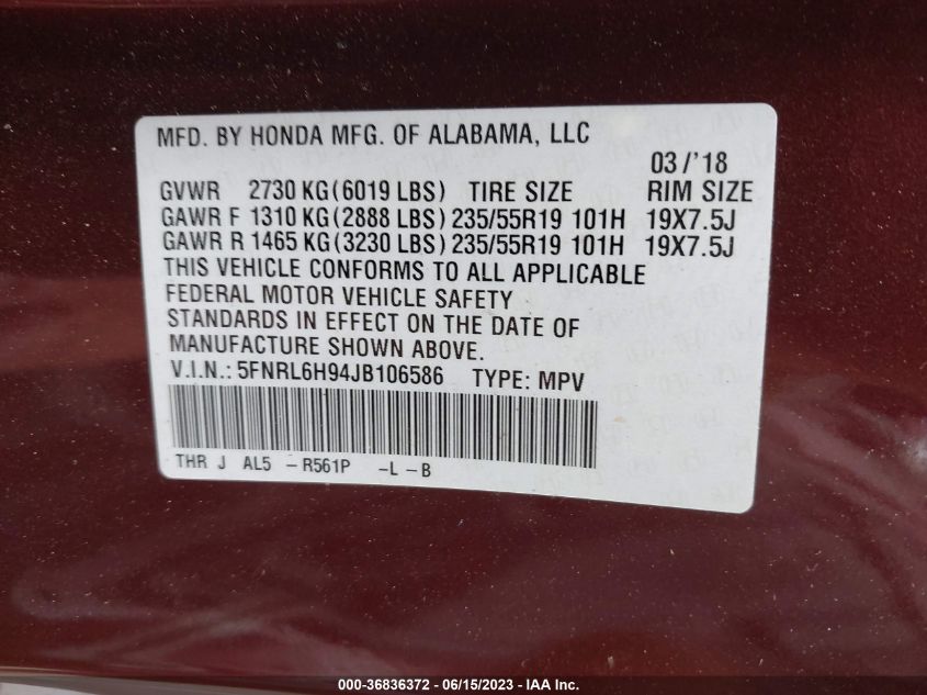 2018 HONDA ODYSSEY ELITE - 5FNRL6H94JB106586