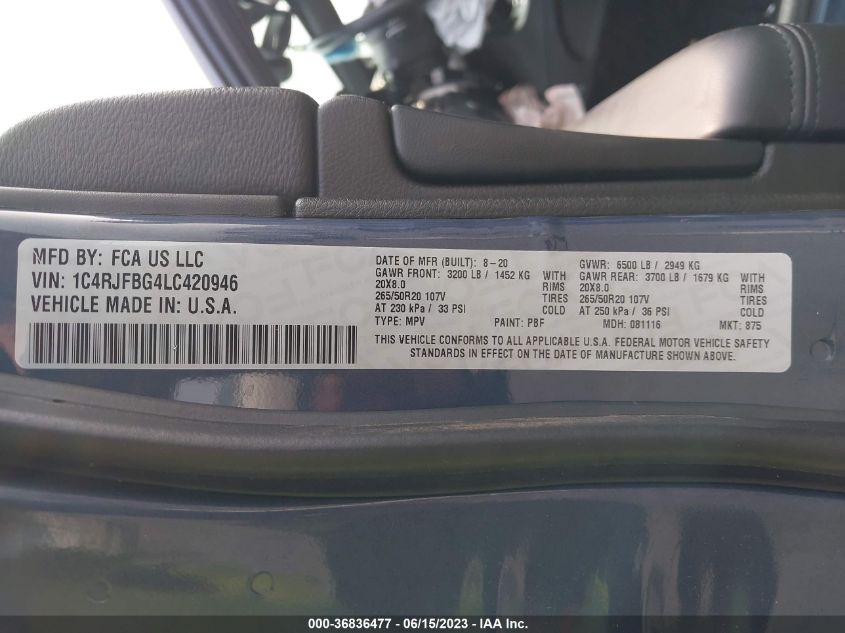 2020 JEEP GRAND CHEROKEE LIMITED - 1C4RJFBG4LC420946