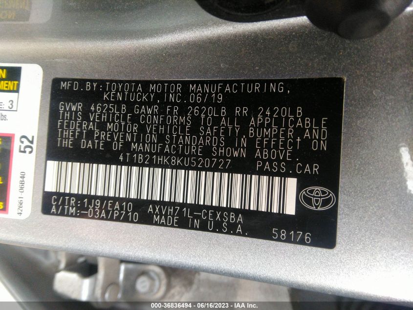 2019 TOYOTA CAMRY HYBRID - 4T1B21HK8KU520727