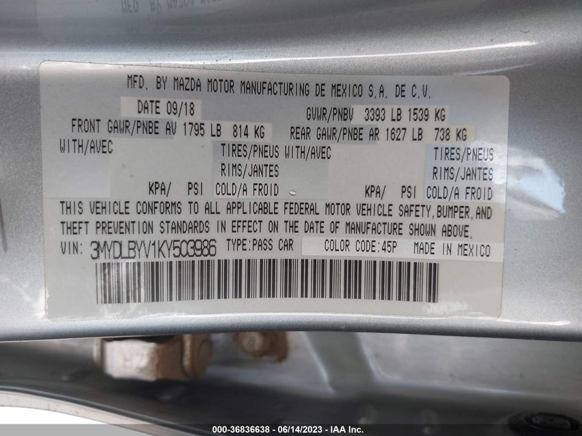 VIN 3MYDLBYV1KY503986 2019 TOYOTA YARIS SEDAN L/LE/XLE