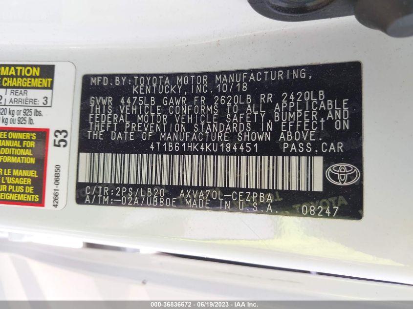 2019 TOYOTA CAMRY XSE - 4T1B61HK4KU184451