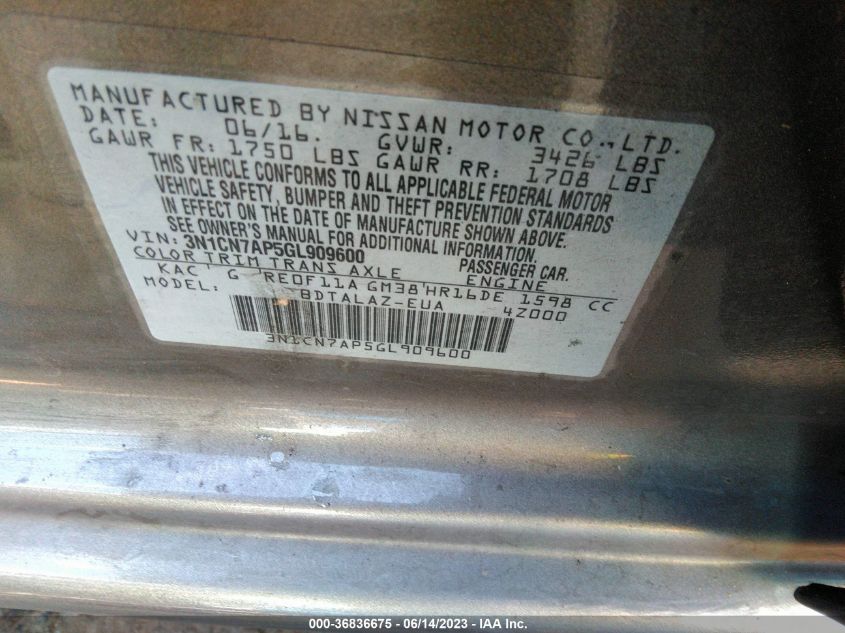 2016 NISSAN VERSA S PLUS - 3N1CN7AP5GL909600