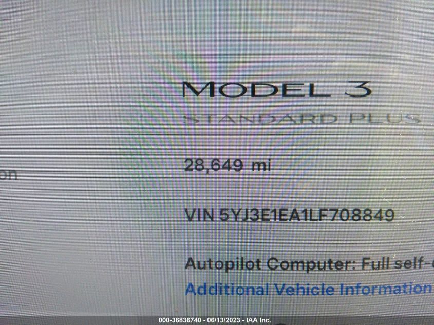 2020 TESLA MODEL 3 STANDARD RANGE - 5YJ3E1EA1LF708849