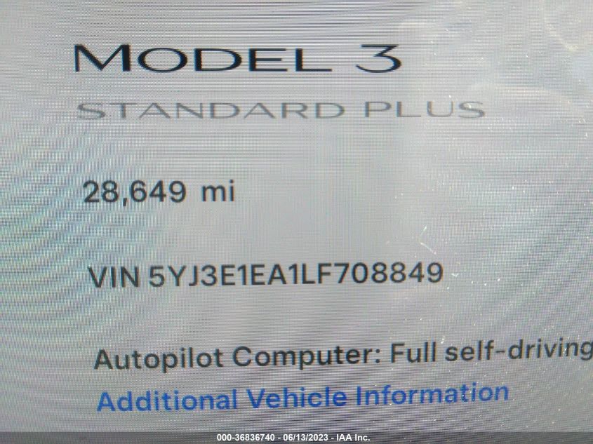 2020 TESLA MODEL 3 STANDARD RANGE - 5YJ3E1EA1LF708849