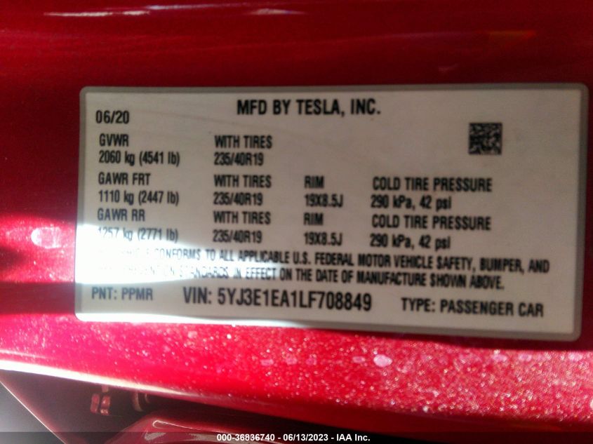 2020 TESLA MODEL 3 STANDARD RANGE - 5YJ3E1EA1LF708849