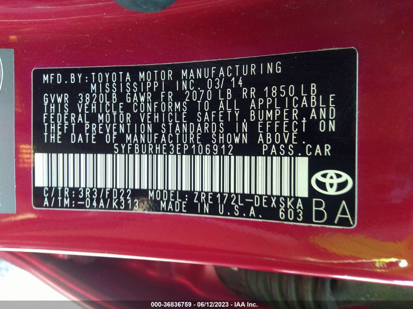 2014 TOYOTA COROLLA S - 5YFBURHE3EP106912