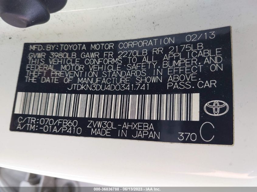 2013 TOYOTA PRIUS ONE/TWO/THREE/FOUR/FIVE - JTDKN3DU4D0341741