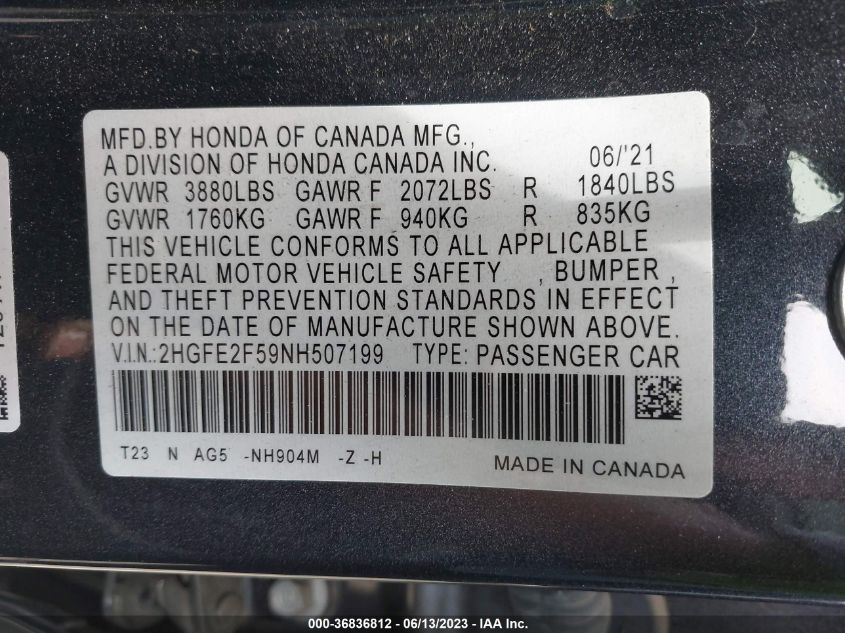 2022 HONDA CIVIC SEDAN SPORT - 2HGFE2F59NH507199