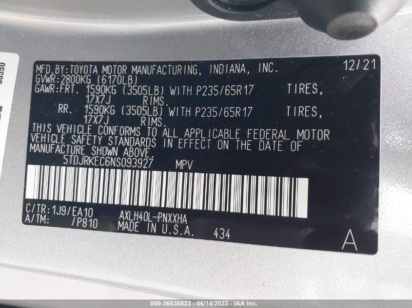 2022 TOYOTA SIENNA XLE - 5TDJRKEC6NS093927