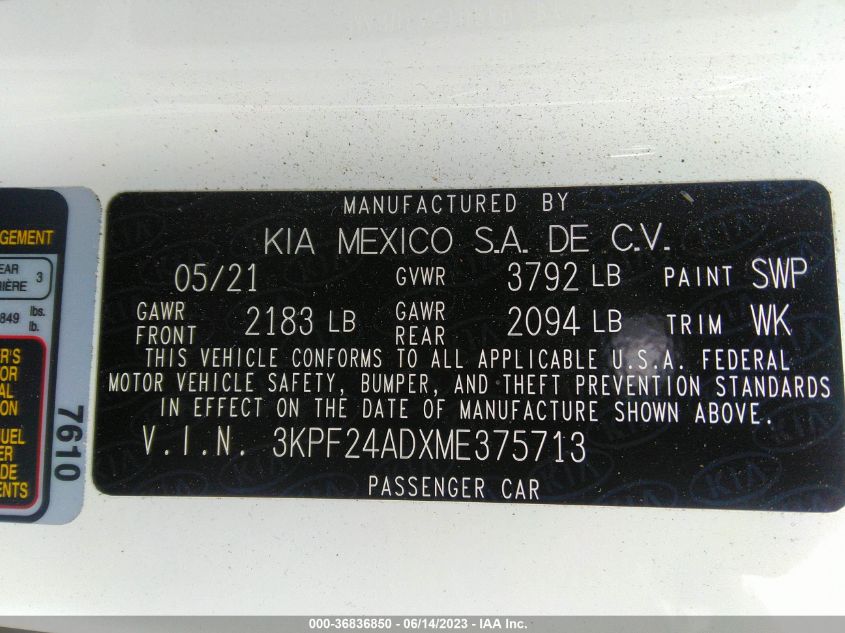 2021 KIA FORTE FE/LXS - 3KPF24ADXME375713