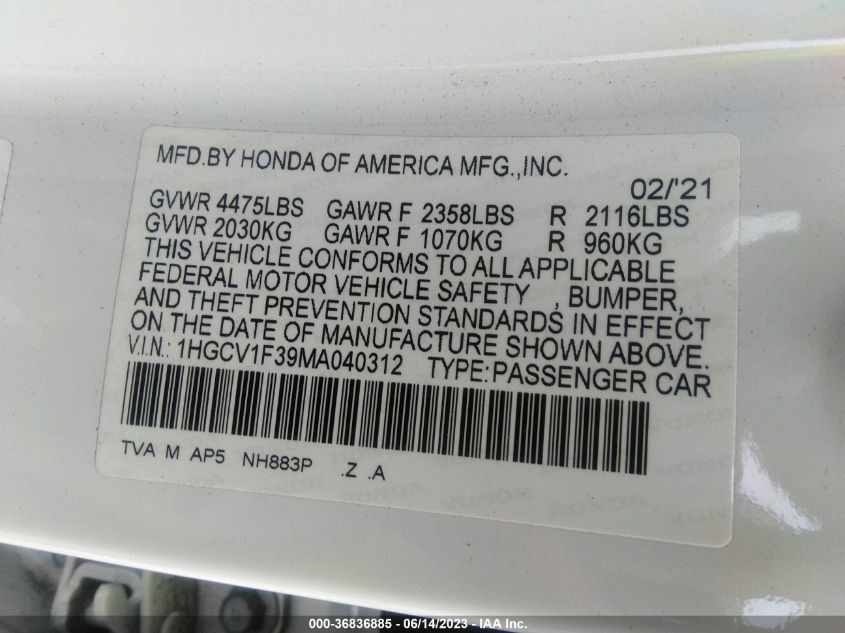 2021 HONDA ACCORD SEDAN SPORT - 1HGCV1F39MA040312