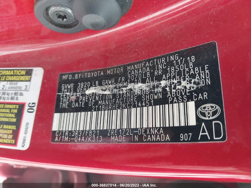 2019 TOYOTA COROLLA L/LE/SE/XLE/XSE - 2T1BURHE2KC214451