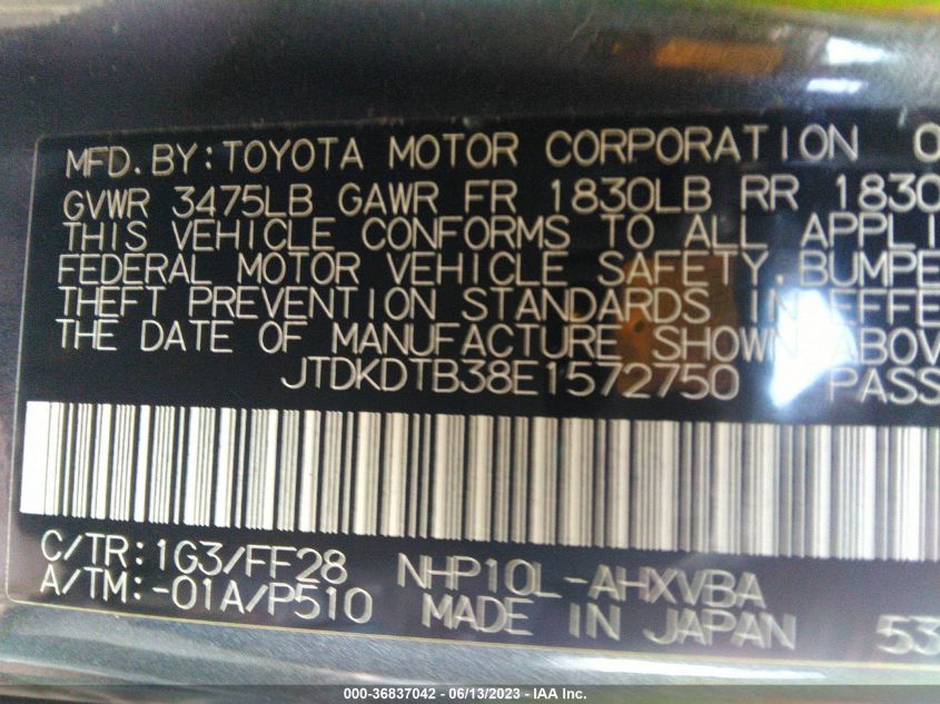 2014 TOYOTA PRIUS C ONE/THREE/TWO/FOUR - JTDKDTB38E1572750