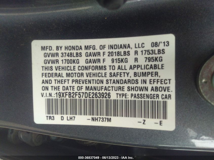 2013 HONDA CIVIC SDN LX - 19XFB2F57DE263926