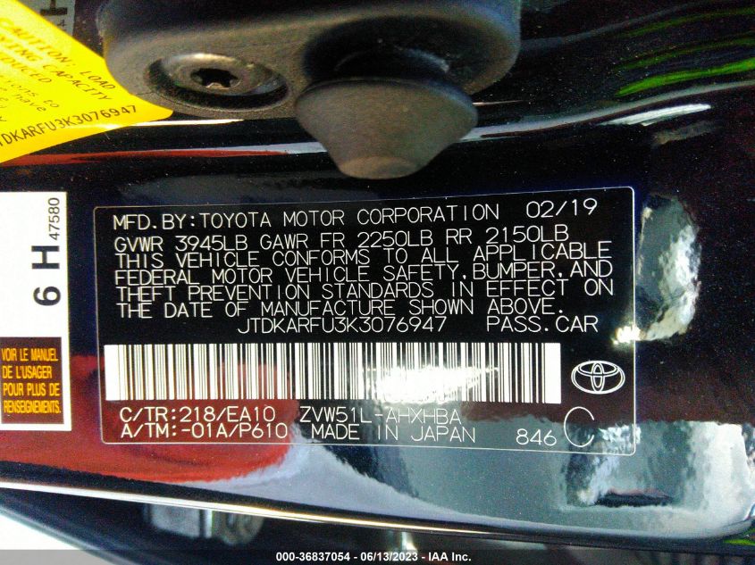 2019 TOYOTA PRIUS L ECO/LE/XLE/LIMITED - JTDKARFU3K3076947