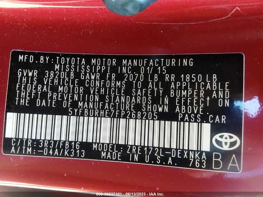 2015 TOYOTA COROLLA L/LE/S/S PLUS/LE PLUS - 5YFBURHE7FP268205