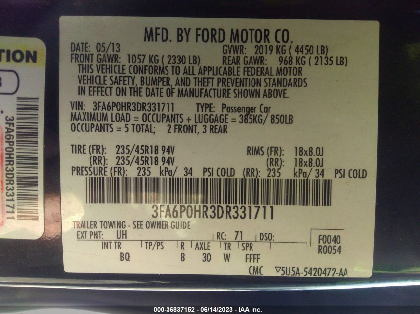 2013 FORD FUSION SE - 3FA6P0HR3DR331711