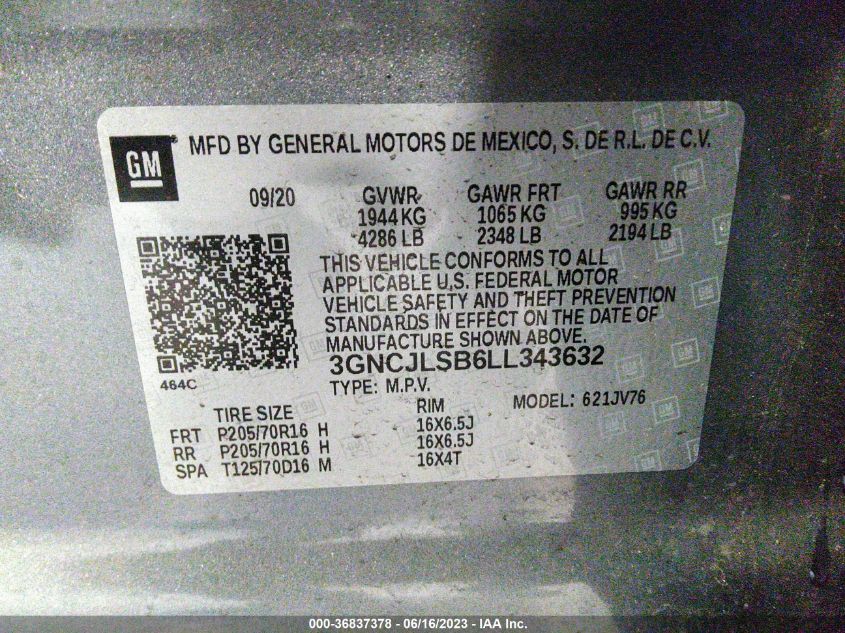 2020 CHEVROLET TRAX LT - 3GNCJLSB6LL343632