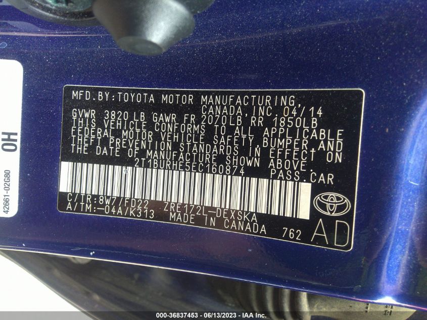 2014 TOYOTA COROLLA L/LE/S/S PLUS/LE PLUS - 2T1BURHE5EC160874