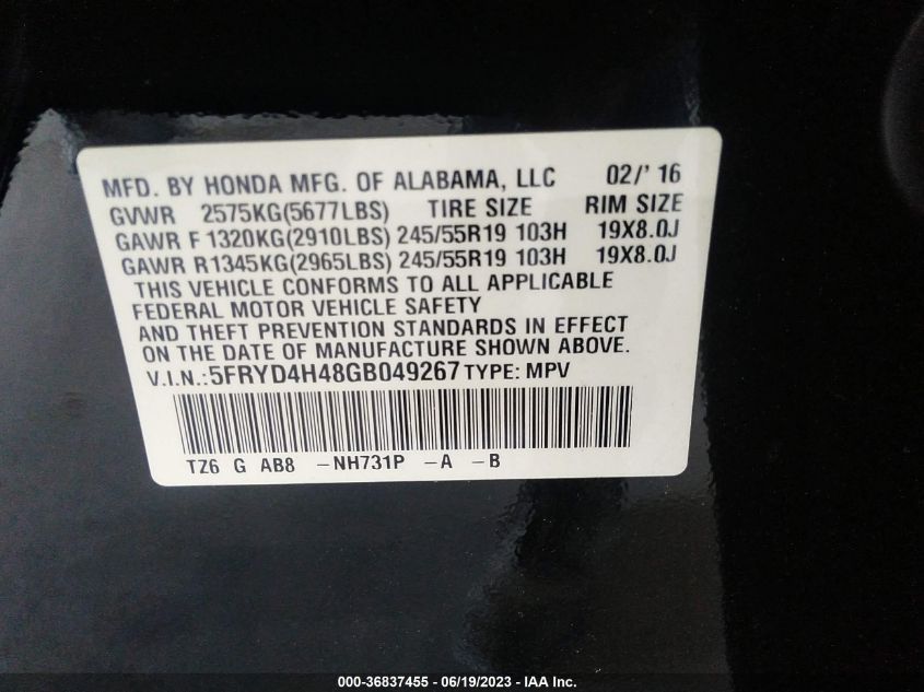 2016 ACURA MDX W/TECH/W/TECH - 5FRYD4H48GB049267