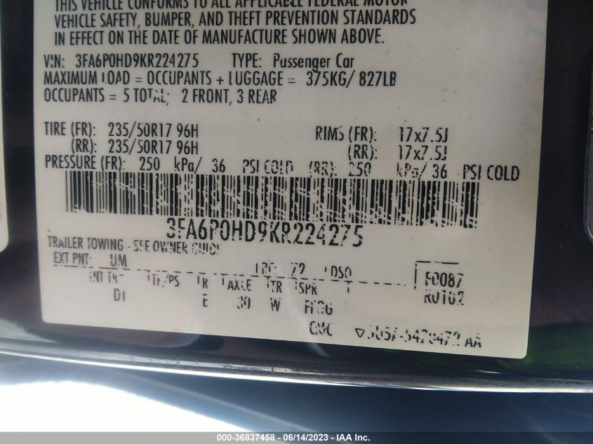 2019 FORD FUSION SE - 3FA6P0HD9KR224275