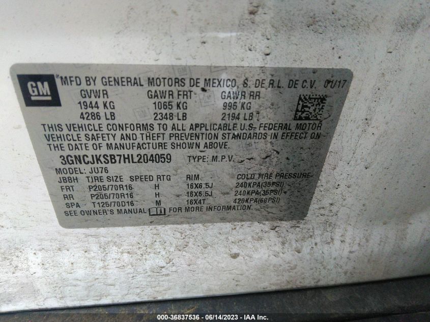 2017 CHEVROLET TRAX LS - 3GNCJKSB7HL204059