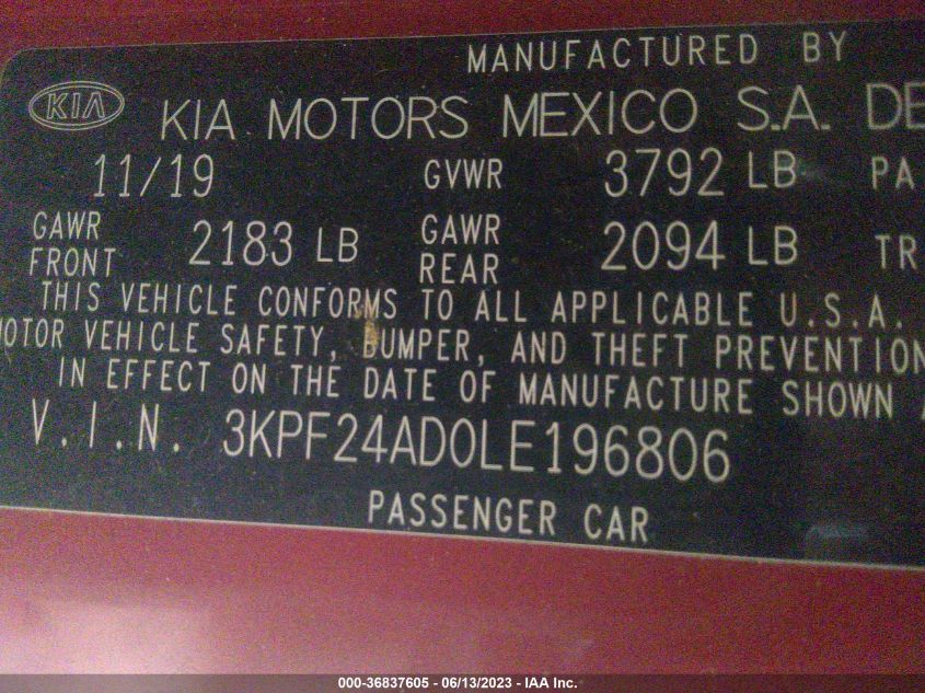 2020 KIA FORTE LXS - 3KPF24AD0LE196806