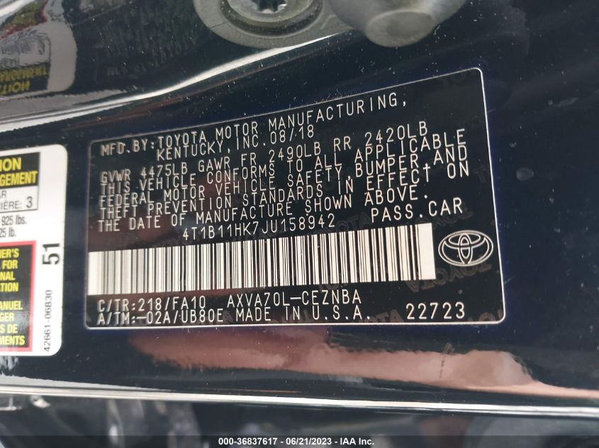 2018 TOYOTA CAMRY L/LE/XLE/SE/XSE - 4T1B11HK7JU158942