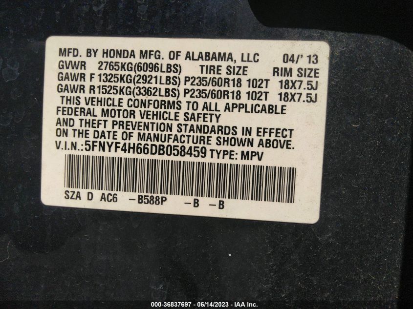 2013 HONDA PILOT EX-L - 5FNYF4H66DB058459