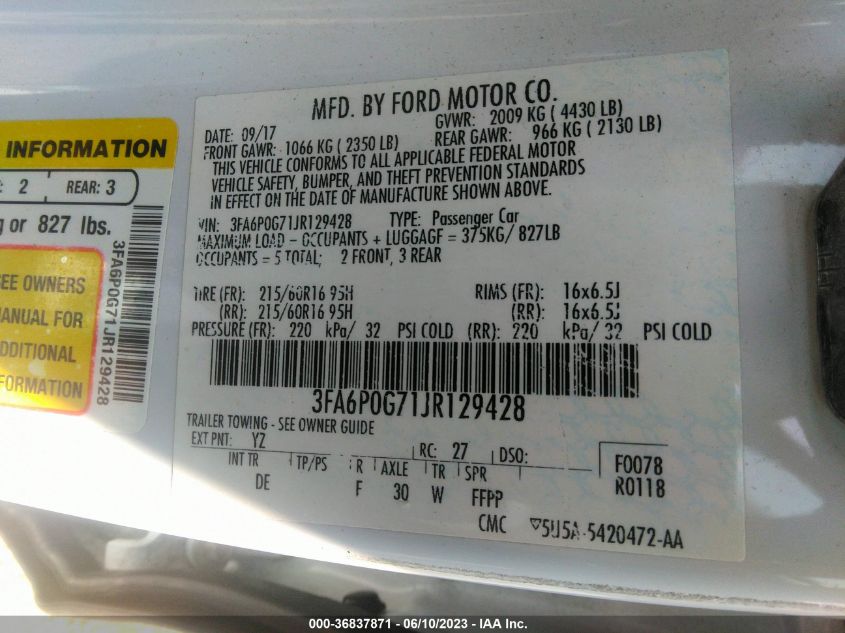 2018 FORD FUSION S - 3FA6P0G71JR129428