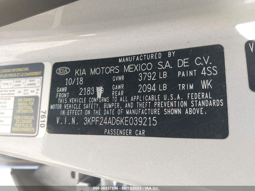 2019 KIA FORTE LXS - 3KPF24AD6KE039215