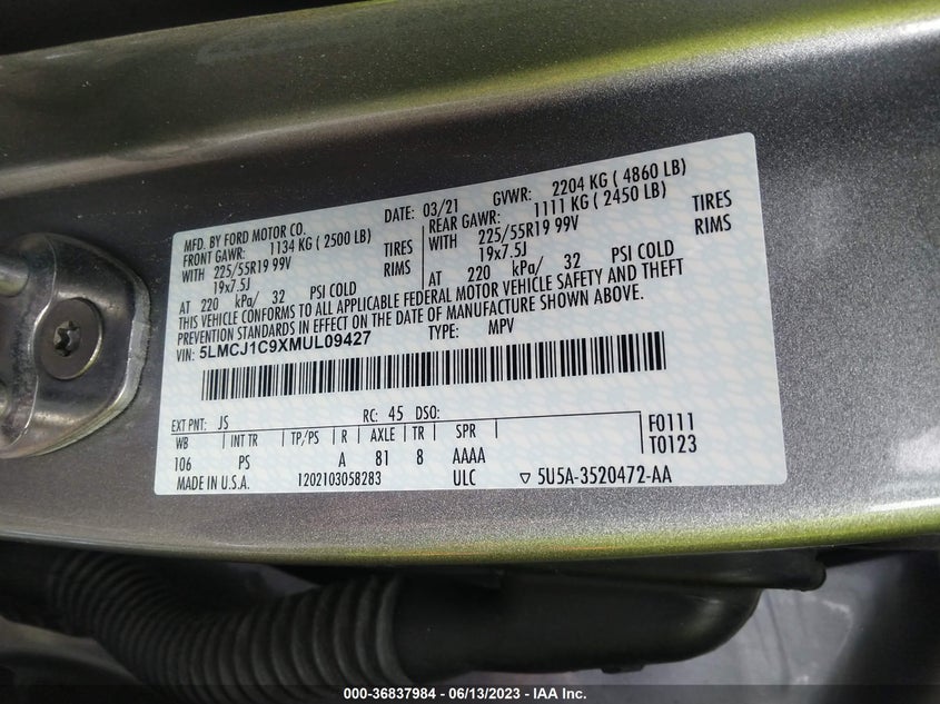VIN 5LMCJ1C9XMUL09427 2021 LINCOLN CORSAIR STANDARD