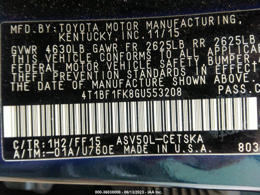 2016 TOYOTA CAMRY XLE/SE/LE/XSE - 4T1BF1FK8GU553208