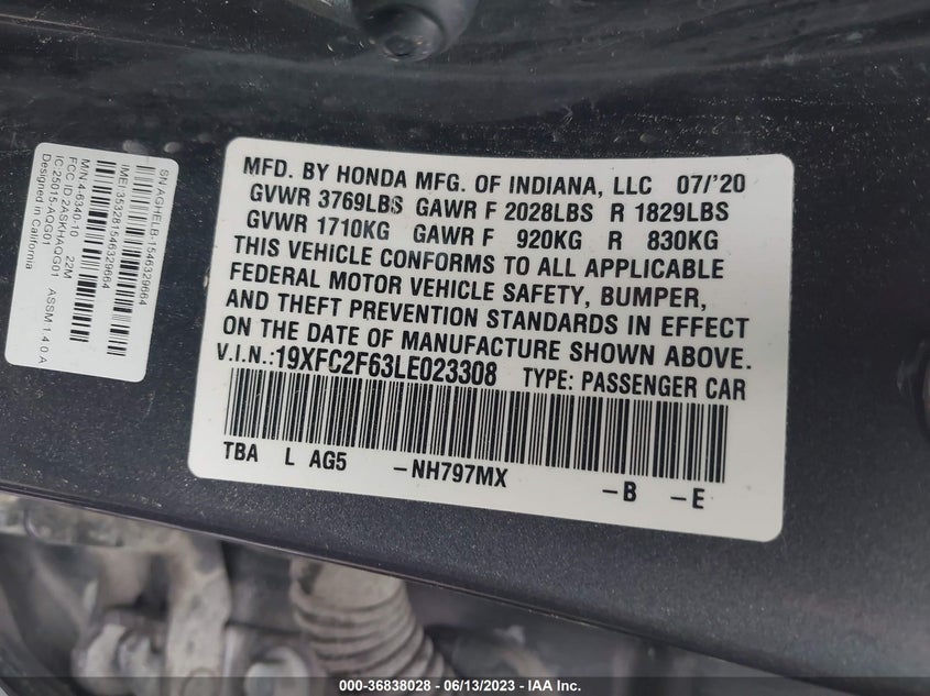 VIN 19XFC2F63LE023308 2020 HONDA CIVIC SEDAN LX