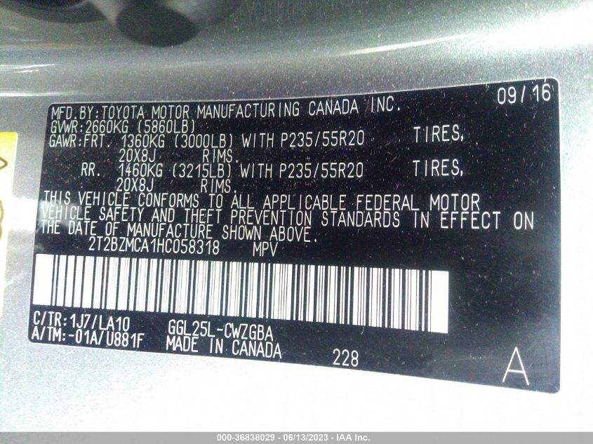 2017 LEXUS RX RX 350 - 2T2BZMCA1HC058318