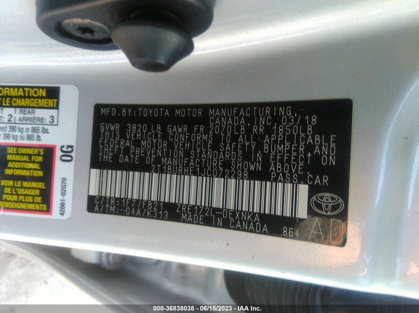 VIN 2T1BURHE1JC072298 2018 TOYOTA COROLLA L/LE/XLE/SE/XSE