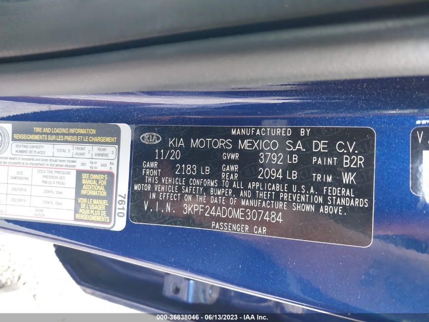 VIN 3KPF24AD0ME307484 2021 KIA FORTE LXS