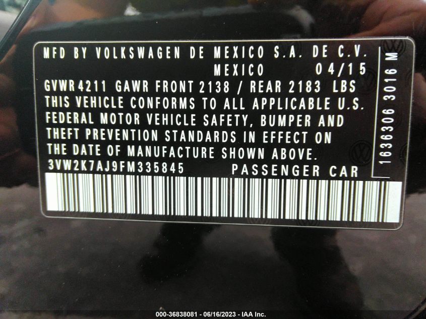 2015 VOLKSWAGEN JETTA SEDAN 2.0L S - 3VW2K7AJ9FM335845