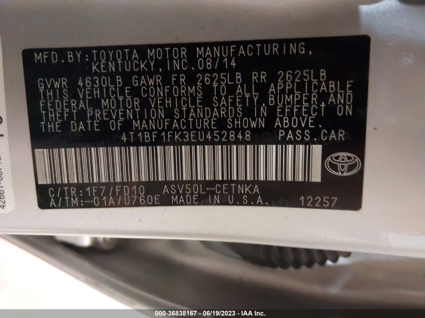2014 TOYOTA CAMRY L/LE/XLE/SE/SE SPORT - 4T1BF1FK3EU452848