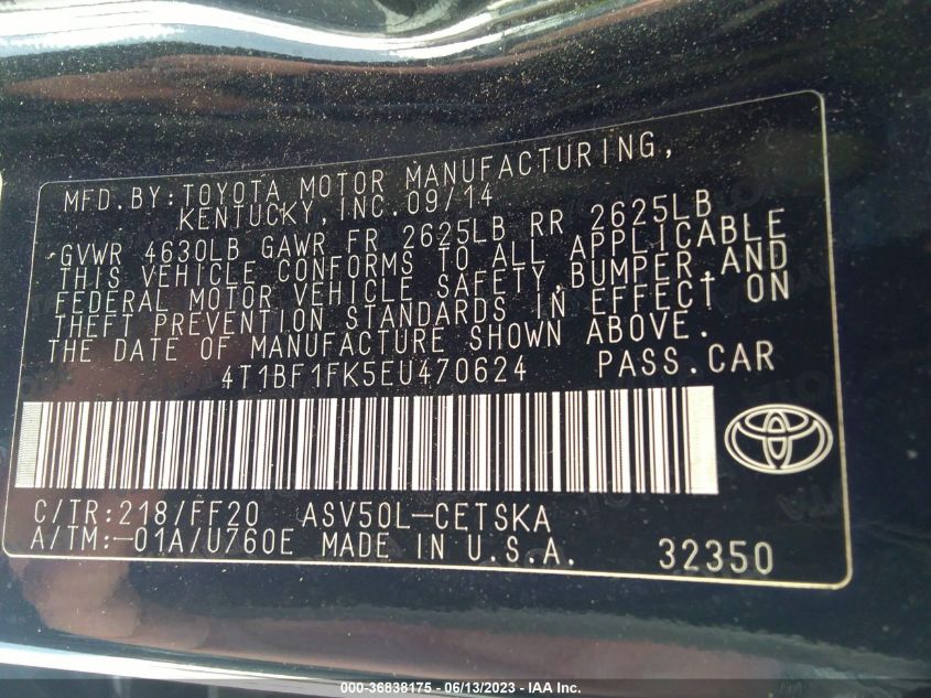 2014 TOYOTA CAMRY L/LE/XLE/SE/SE SPORT - 4T1BF1FK5EU470624