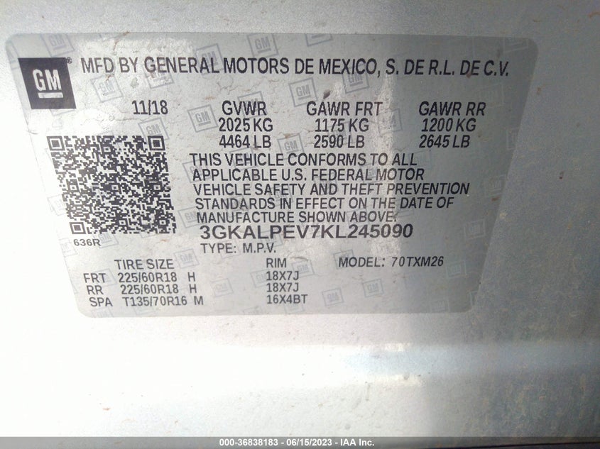 VIN 3GKALPEV7KL245090 2019 GMC TERRAIN SLT