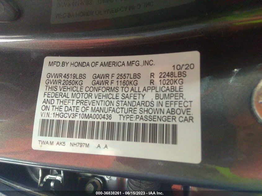 VIN 1HGCV3F10MA000436 2021 HONDA ACCORD HYBRID