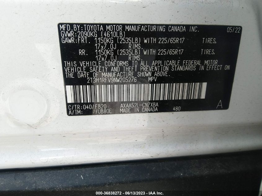 2022 TOYOTA RAV4 LE - 2T3H1RFV9NW205276