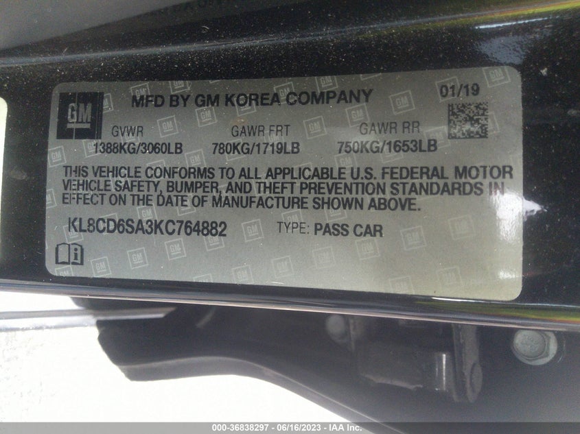 VIN KL8CB6SA3KC764882 2019 CHEVROLET SPARK LS