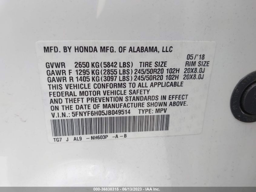 2018 HONDA PILOT ELITE - 5FNYF6H05JB049514
