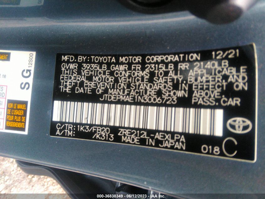 2022 TOYOTA COROLLA LE - JTDEPMAE1N3006723