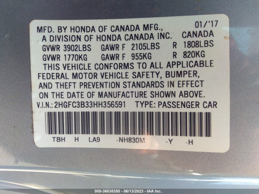 VIN 2HGFC3B33HH356591 2017 HONDA CIVIC COUPE EX-T