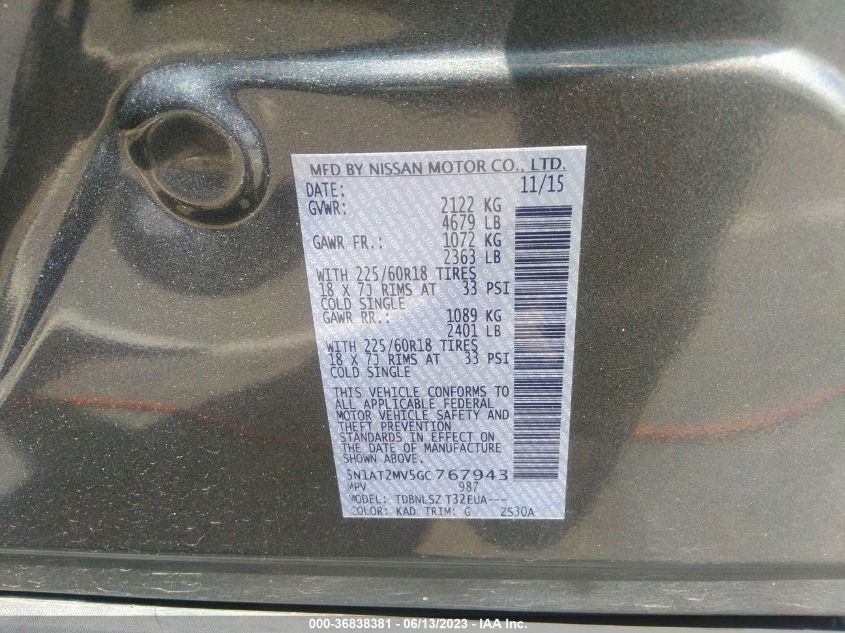 2016 NISSAN ROGUE SL - 5N1AT2MV5GC767943